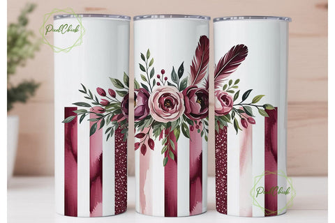 Burgundy Floral Glitter Tumbler Wrap Sublimation PixelChick 