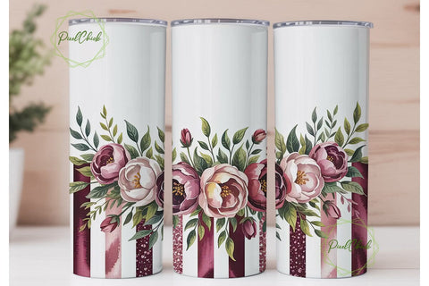 Burgundy Floral Glitter Tumbler Wrap Sublimation PixelChick 