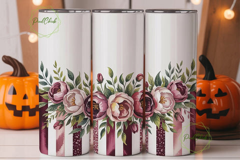 Burgundy Floral Glitter Tumbler Wrap Sublimation PixelChick 