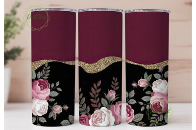 Burgundy Gold Glitter Floral Tumbler Sublimation PixelChick 