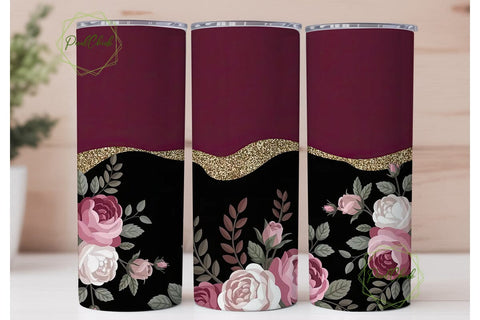 Burgundy Gold Glitter Floral Tumbler Sublimation PixelChick 