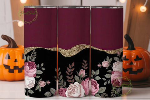 Burgundy Gold Glitter Floral Tumbler Sublimation PixelChick 