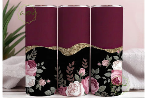 Burgundy Gold Glitter Floral Tumbler Sublimation PixelChick 