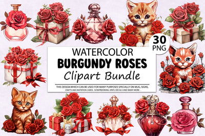 Burgundy Roses Watercolor Clipart Bundle Sublimation Regulrcrative 
