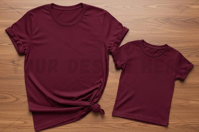 Burgundy t-shirt mockup design for adult and kids Mock Up Photo Regulrcrative 