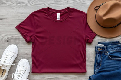 Burgundy t-shirt mockup design with accessories Mock Up Photo Regulrcrative 