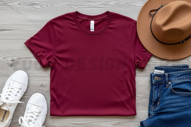 Burgundy t-shirt mockup design with accessories Mock Up Photo Regulrcrative 