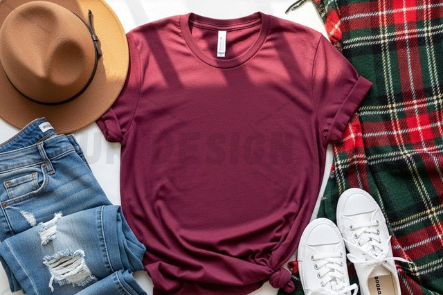 Burgundy t-shirt mockup design with casual outfit Mock Up Photo Designangry 