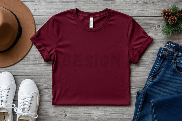 Burgundy t-shirt mockup with accessories Mock Up Photo Regulrcrative 