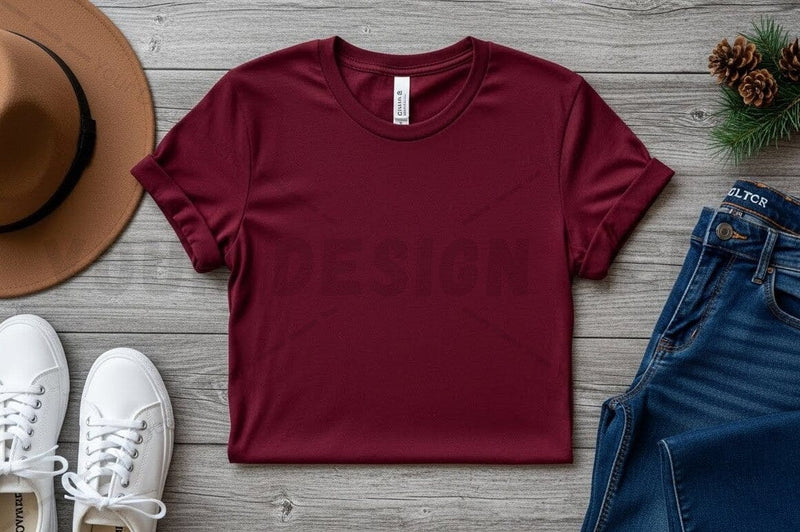 Burgundy t-shirt mockup with accessories Mock Up Photo Regulrcrative 