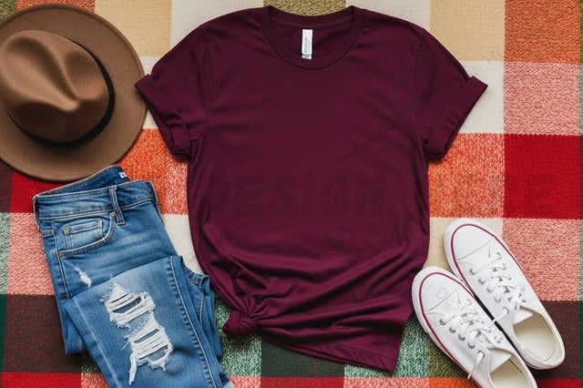 Burgundy t-shirt mockup with casual outfit accessories Mock Up Photo Designangry 