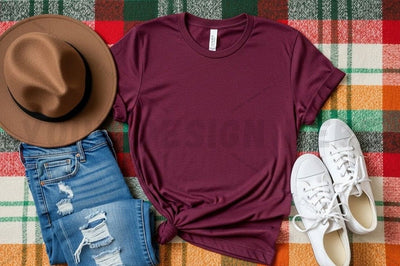 Burgundy t-shirt mockup with casual outfit Mock Up Photo Designangry 