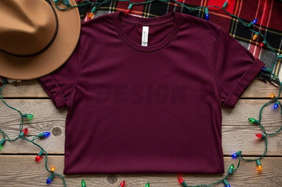 Burgundy t-shirt mockup with festive decorations Mock Up Photo Designangry 