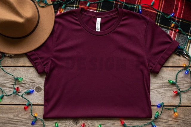 Burgundy t-shirt mockup with festive decorations Mock Up Photo Designangry 