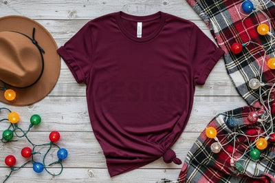Burgundy t-shirt mockup with holiday decorations Mock Up Photo Designangry 