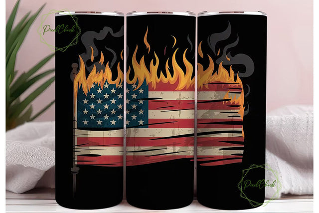 Burning American Flag 20oz Tumbler Wrap Sublimation PixelChick 