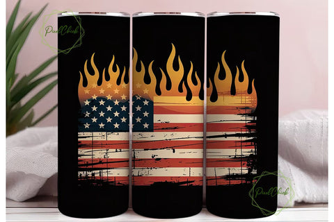 Burning American Flag 20oz Tumbler Wrap Sublimation PixelChick 