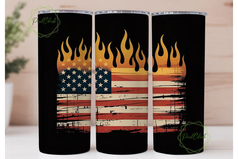 Burning American Flag 20oz Tumbler Wrap Sublimation PixelChick 