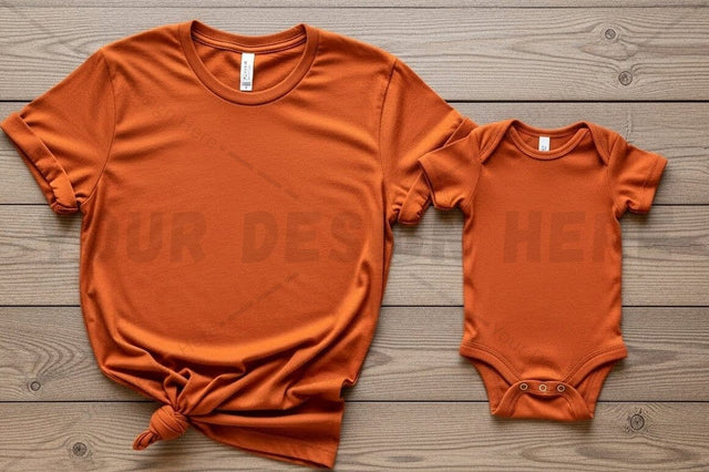 Burnt orange t-shirt and onesie set Mock Up Photo Regulrcrative 