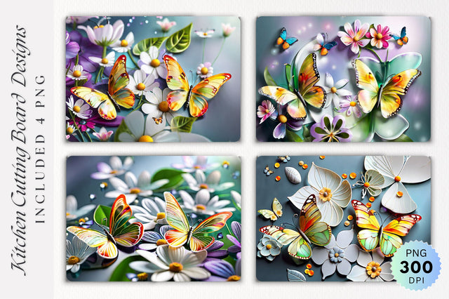 Butterflies and Flowers Glass Cutting Board PNG Design Sublimation Regulrcrative 