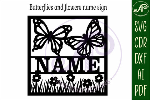 Butterflies and flowers name sign svg laser cut template SVG APInspireddesigns 