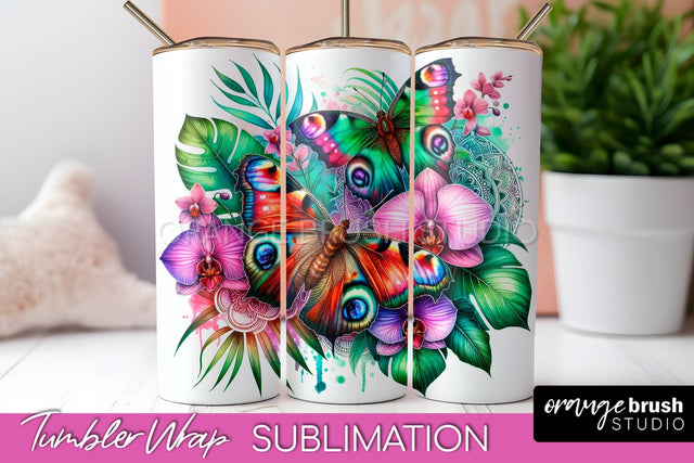 Butterflies and Flowers Tumbler Wrap, Tropical Tumbler PNG Sublimation OrangeBrushStudio 
