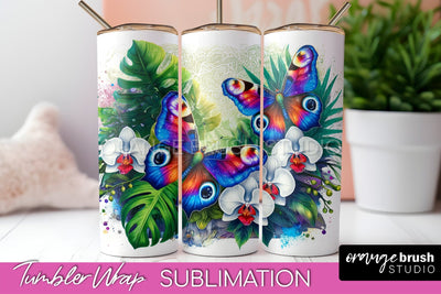 Butterflies and Flowers Tumbler Wrap, Tropical Tumbler PNG Sublimation OrangeBrushStudio 