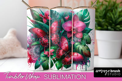 Butterflies and Flowers Tumbler Wrap, Tropical Tumbler PNG Sublimation OrangeBrushStudio 
