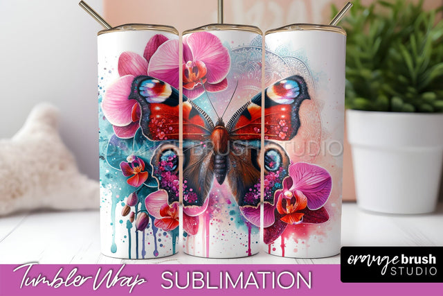 Butterflies and Flowers Tumbler Wrap, Tropical Tumbler PNG Sublimation OrangeBrushStudio 