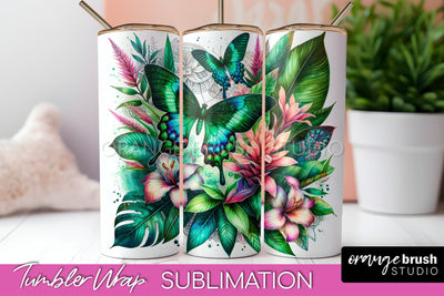 Butterflies and Flowers Tumbler Wrap, Tropical Tumbler PNG Sublimation OrangeBrushStudio 