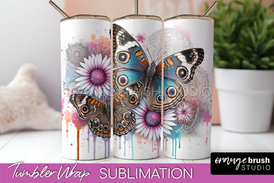 Butterflies and Flowers Tumbler Wrap, Tropical Tumbler PNG Sublimation OrangeBrushStudio 