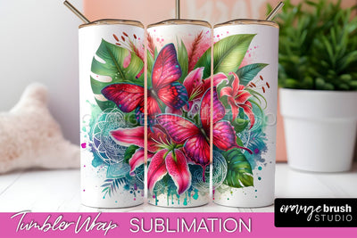 Butterflies and Flowers Tumbler Wrap, Tropical Tumbler PNG Sublimation OrangeBrushStudio 