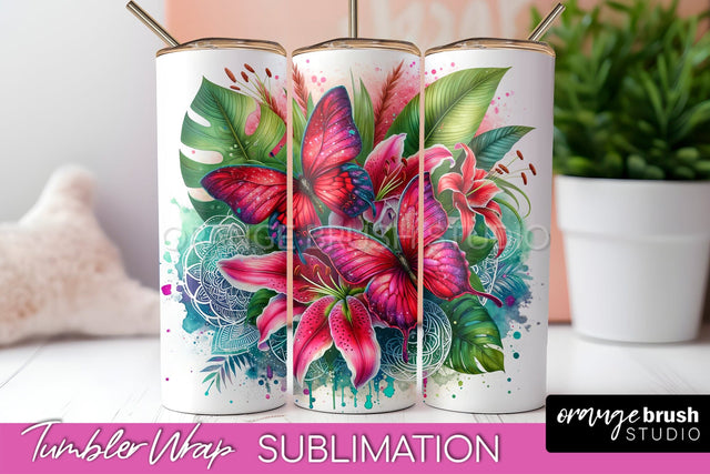 Butterflies and Flowers Tumbler Wrap, Tropical Tumbler PNG Sublimation OrangeBrushStudio 