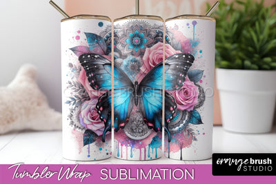 Butterflies and Flowers Tumbler Wrap, Tropical Tumbler PNG Sublimation OrangeBrushStudio 