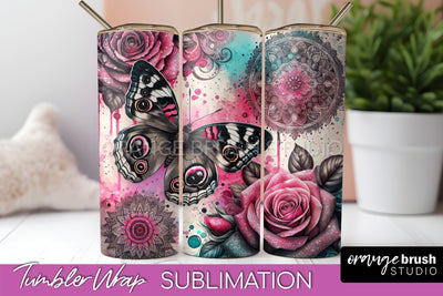 Butterflies and Flowers Tumbler Wrap, Tropical Tumbler PNG Sublimation OrangeBrushStudio 