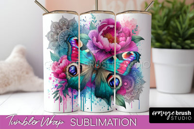 Butterflies and Flowers Tumbler Wrap, Tropical Tumbler PNG Sublimation OrangeBrushStudio 