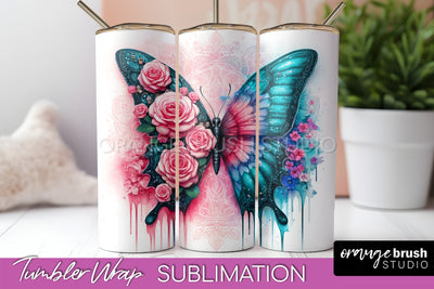 Butterflies and Flowers Tumbler Wrap, Tropical Tumbler PNG Sublimation OrangeBrushStudio 
