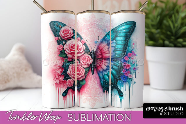Butterflies and Flowers Tumbler Wrap, Tropical Tumbler PNG Sublimation OrangeBrushStudio 