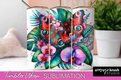 Butterflies and Flowers Tumbler Wrap, Tropical Tumbler PNG Sublimation OrangeBrushStudio 