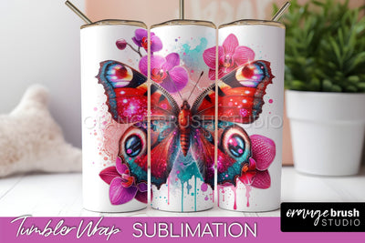 Butterflies and Flowers Tumbler Wrap, Tropical Tumbler PNG Sublimation OrangeBrushStudio 