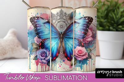 Butterflies and Flowers Tumbler Wrap, Tropical Tumbler PNG Sublimation OrangeBrushStudio 