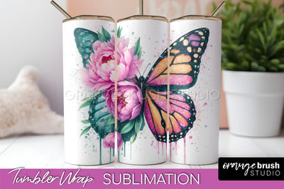 Butterflies and Flowers Tumbler Wrap, Tropical Tumbler PNG Sublimation OrangeBrushStudio 