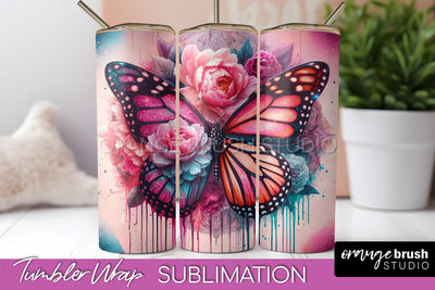 Butterflies and Flowers Tumbler Wrap, Tropical Tumbler PNG Sublimation OrangeBrushStudio 