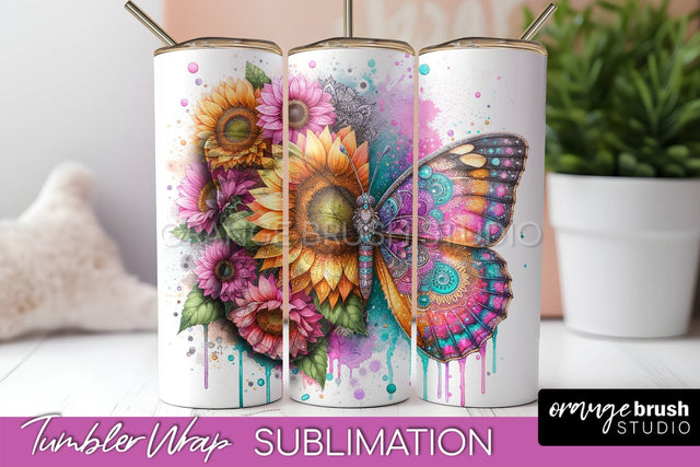 Butterflies and Flowers Tumbler Wrap, Tropical Tumbler PNG Sublimation OrangeBrushStudio 