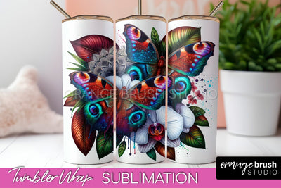 Butterflies and Flowers Tumbler Wrap, Tropical Tumbler PNG Sublimation OrangeBrushStudio 