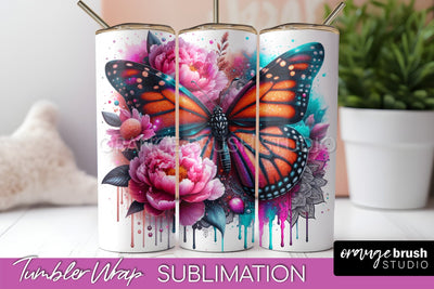 Butterflies and Flowers Tumbler Wrap, Tropical Tumbler PNG Sublimation OrangeBrushStudio 