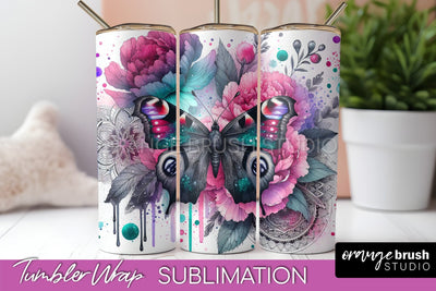Butterflies and Flowers Tumbler Wrap, Tropical Tumbler PNG Sublimation OrangeBrushStudio 