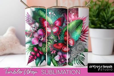 Butterflies and Flowers Tumbler Wrap, Tropical Tumbler PNG Sublimation OrangeBrushStudio 