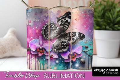 Butterflies and Flowers Tumbler Wrap, Tropical Tumbler PNG Sublimation OrangeBrushStudio 