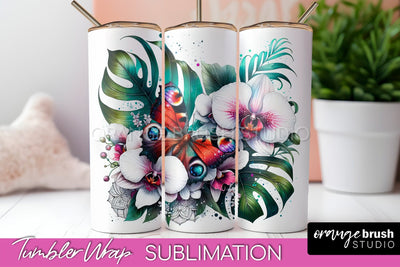 Butterflies and Flowers Tumbler Wrap, Tropical Tumbler PNG Sublimation OrangeBrushStudio 